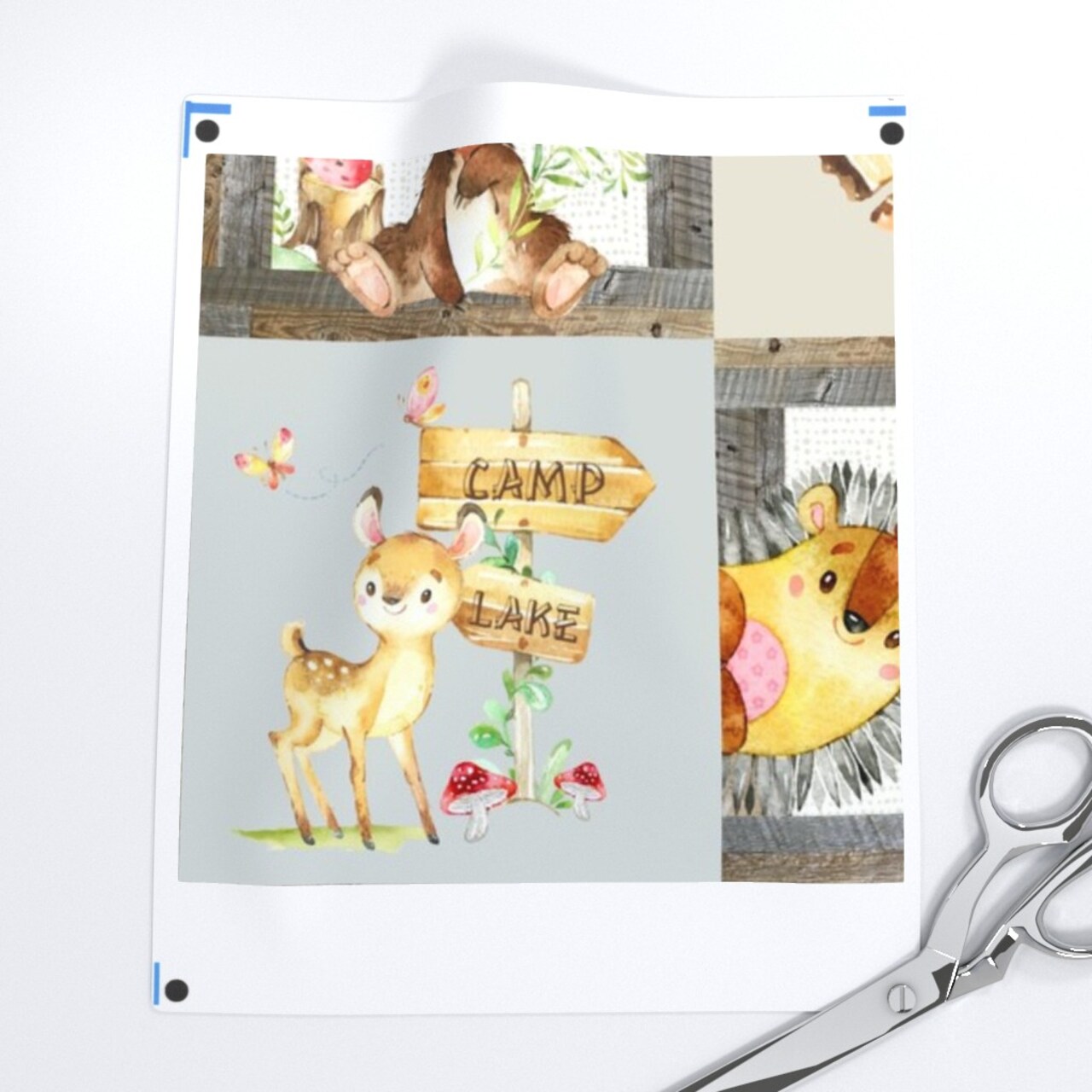 Woodland Adventure Patchwork Quilt Moose Fox Deer Bear Hedgehog Squirrel Raccoon Grey Cream Forest Trees Animals Nursery Cheater Custom Printed Fabric by Spoonflower Various Fabrics by the Yard or Fat Quarter